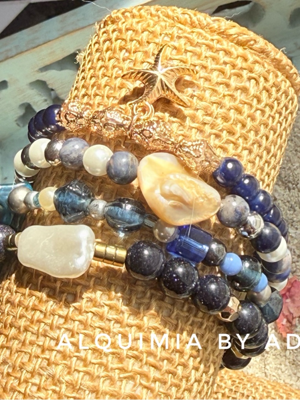 CURATED PEARLS AND LAPIS Blue and Gold Layered Beaded Bracelet Set